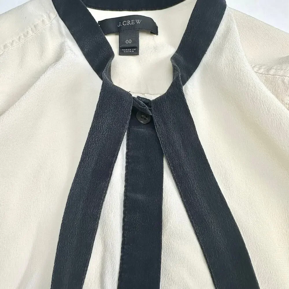 J. Crew | Women | 100% Silk Drape Collarless Bow Tie Button Up Blouse | Size 00